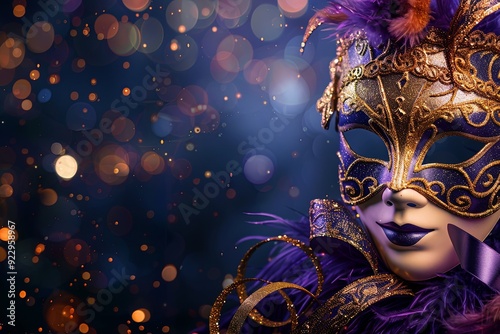 Elegant purple and gold masquerade mask with feathers against a sparkling background.