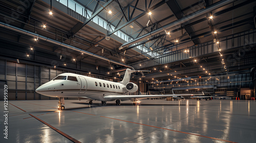 Private jet inside an airport hanger. Fast and luxurious business travel for the wealthy.