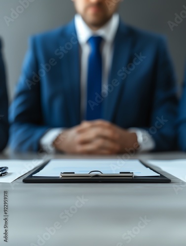 Closeup of clipboard with businessman in background.