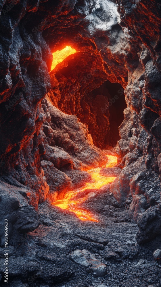 A stream of molten lava flows through a dark and rocky cave, illuminated by the bright orange glow of the lava flow. A stream of molten lava flows through a dark and rocky cave, illuminated by the bright orange glow of the lava flow.