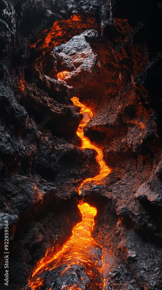 A stream of molten lava flows through a dark, rocky cavern. A stream of molten lava flows through a dark, rocky cavern.
