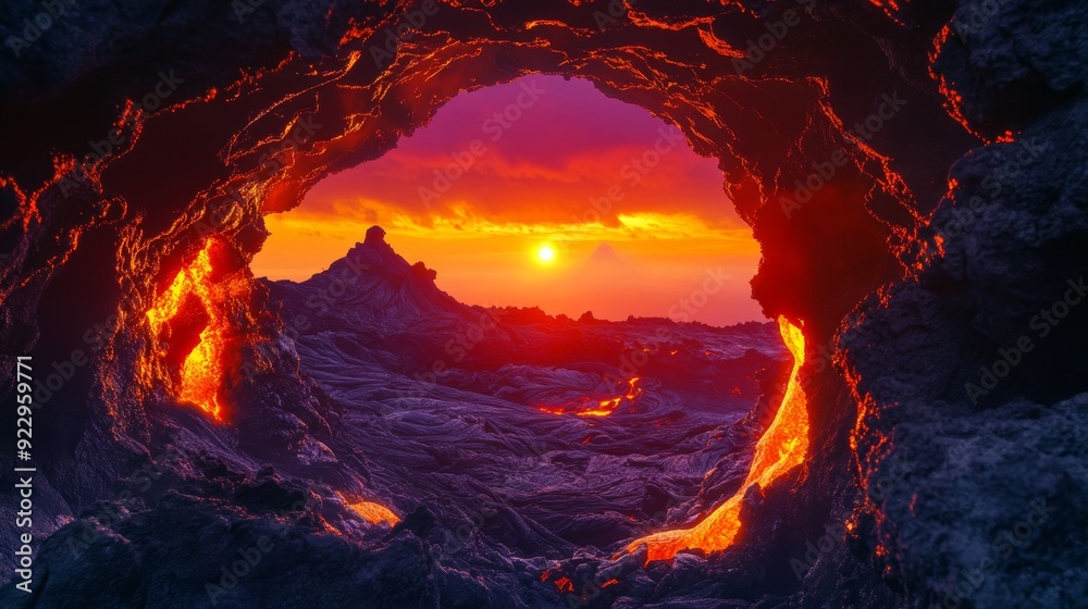 Fototapeta premium A volcanic landscape with molten lava flowing through a rock formation, framing a vibrant sunset with a mountain in the distance.