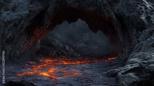 Dark volcanic cave entrance with glowing lava below.