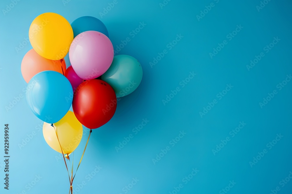 Colorful balloons bunch against a blue background with copy space. Colorful balloons bunch against a blue background with copy space.