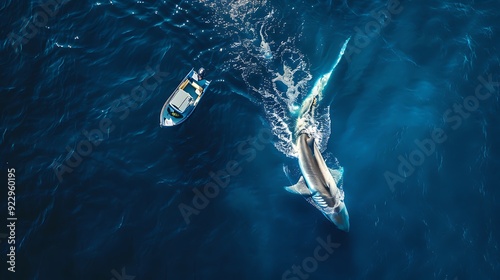 Aerial view of a great white shark circling a small boat in the deep blue ocean the contrast between the predator and its environment stark and dramatic