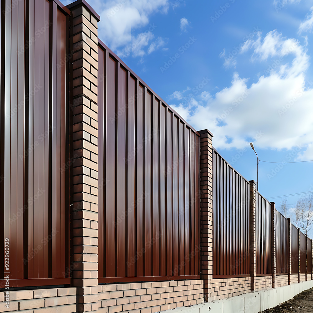 Fototapeta premium Close-up of a metal fence with bars on a background of blue sky