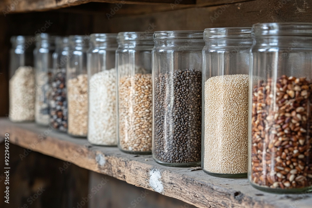 Assorted grains and seeds in glass jars Assorted grains and seeds in glass jars