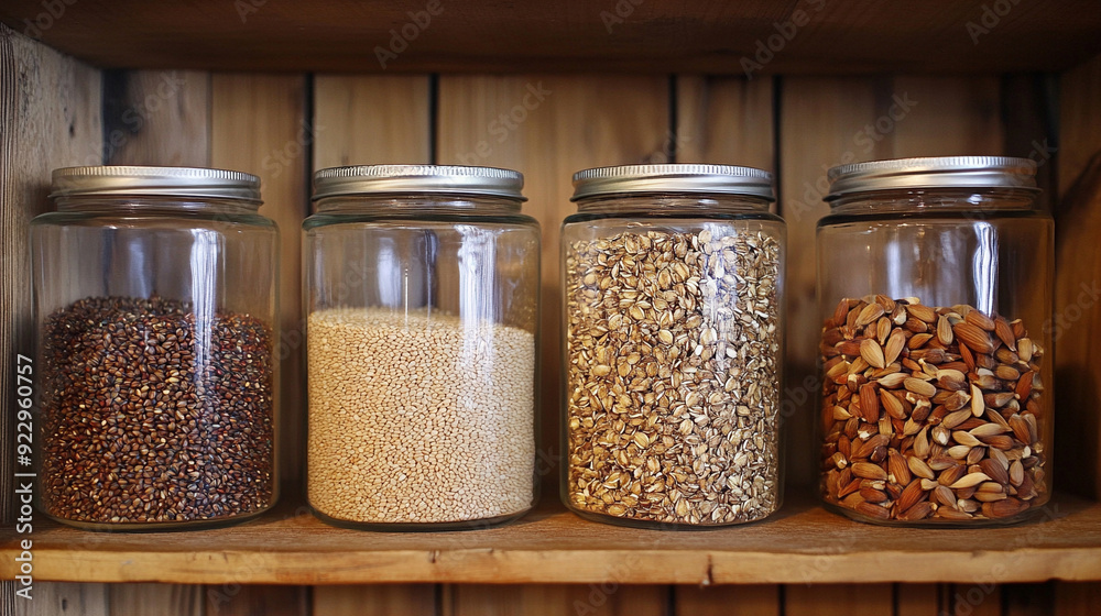 Assorted grains and seeds in glass jars Assorted grains and seeds in glass jars