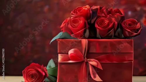 Red gift box with red roses on a dark background