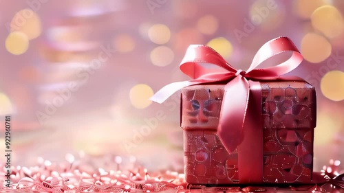 Pink gift box with a pink ribbon on a bokeh background