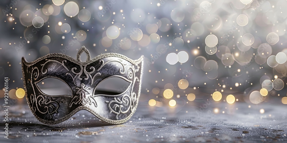 Obraz premium Elegant black and silver masquerade mask with bokeh background.