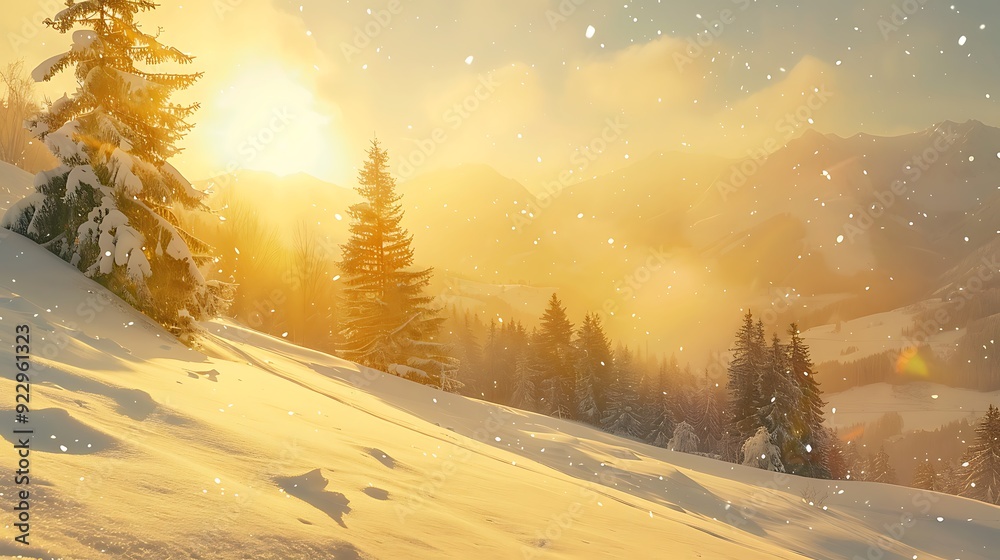 Amazing yellow wintry scene in mountains with snow backlit by daylight Amazing yellow wintry scene in mountains with snow backlit by daylight