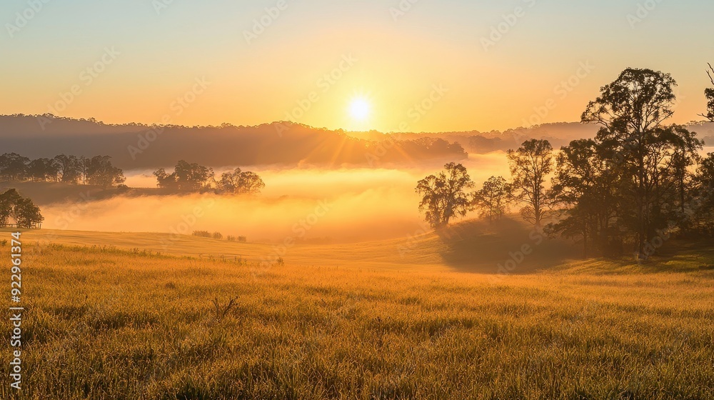 Obraz premium Scenic countryside with mist and sunrise,