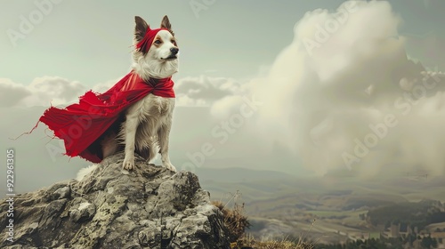 A dog wearing a red cape stands on a rock looking out at the clouds in the sky.