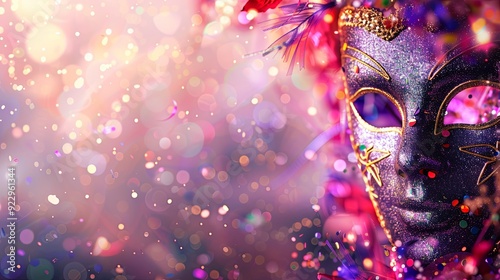 A sparkly purple and gold masquerade mask sits in front of a blurred background of bokeh lights and confetti.