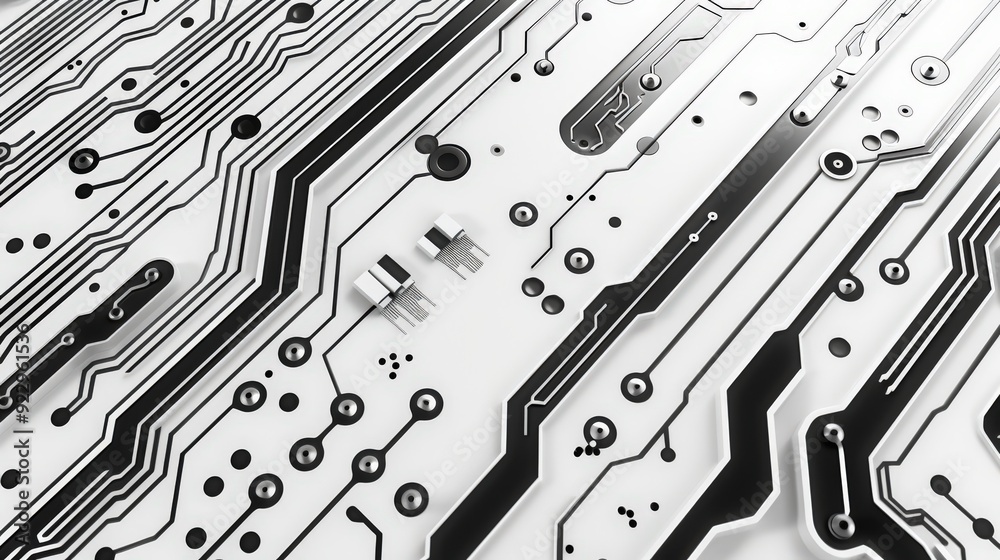 Produce an image of a seamless electronic circuit board pattern set against a white background, highlighting modern technology and intricate design Produce an image of a seamless electronic circuit board pattern set against a white background, highlighting modern technology and intricate design