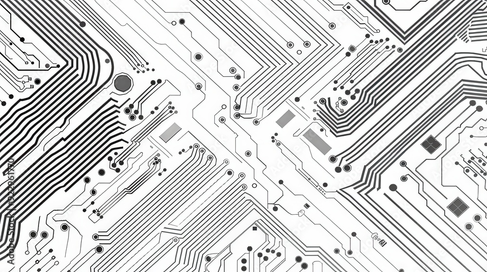 Produce a visual of a seamless electronic circuit board pattern set against a white background, highlighting intricate circuitry and modern design Produce a visual of a seamless electronic circuit board pattern set against a white background, highlighting intricate circuitry and modern design