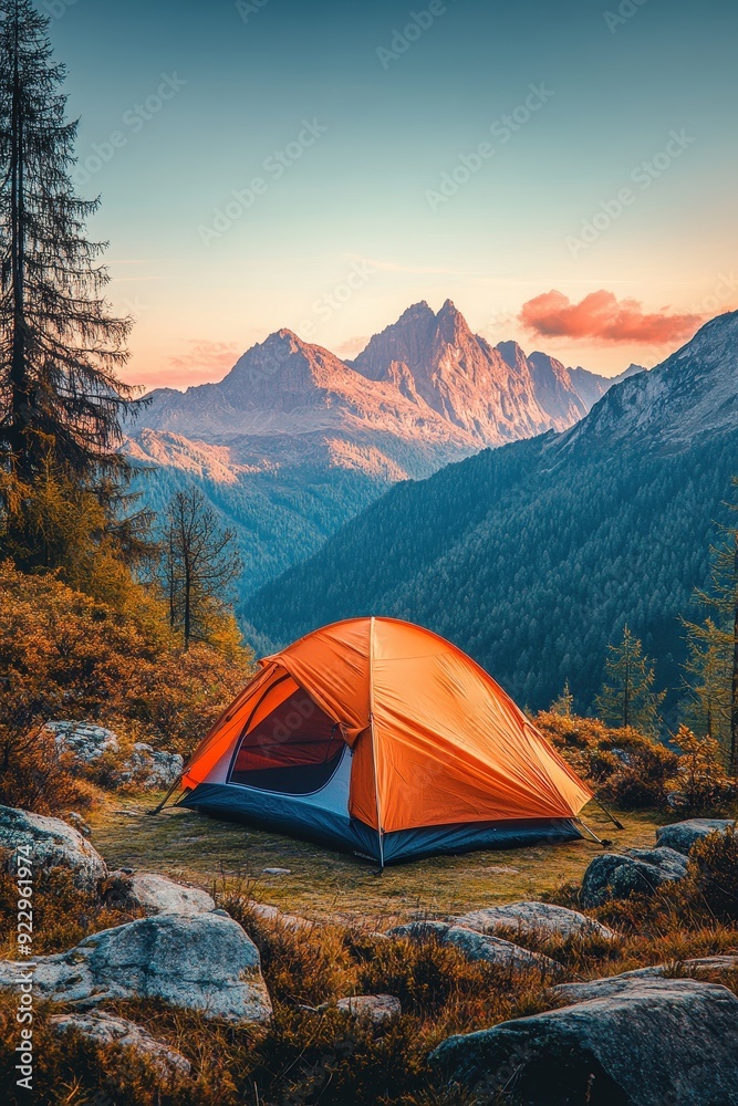 Scenic view of orange tent against mountain Scenic view of orange tent against mountain