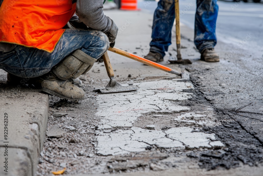 Maintenance crew repairing a broken city sidewalk with tools and materials, Generative AI Maintenance crew repairing a broken city sidewalk with tools and materials, Generative AI