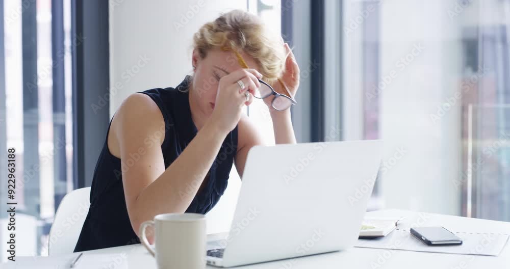 Business woman, stress and headache at laptop with 404 glitch, brain fog and vertigo in office. Tired, burnout and frustrated worker at computer for online crisis, fatigue or migraine from eye strain