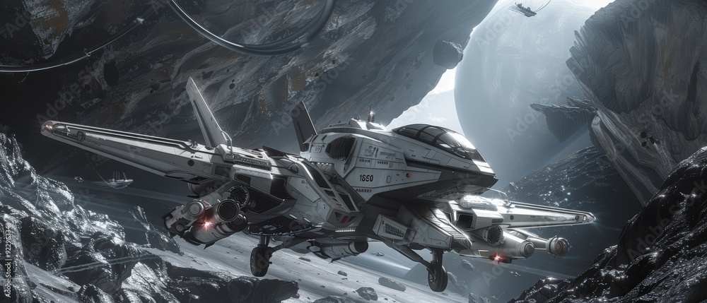 Obraz premium Futuristic Spacecraft Flying Through Asteroid Field