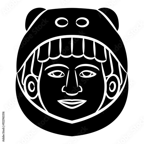 Aztec god Ehecatl. Human head in animal helmet. Indian warrior. Indigenous Native American art. Black and white silhouette. photo