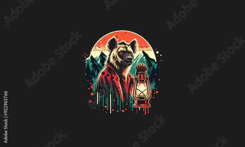 hyena holding lantern on mountain vector artwork design