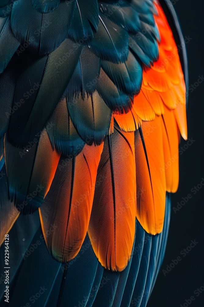 Fototapeta premium Close-up of vibrant blue and orange bird feathers.