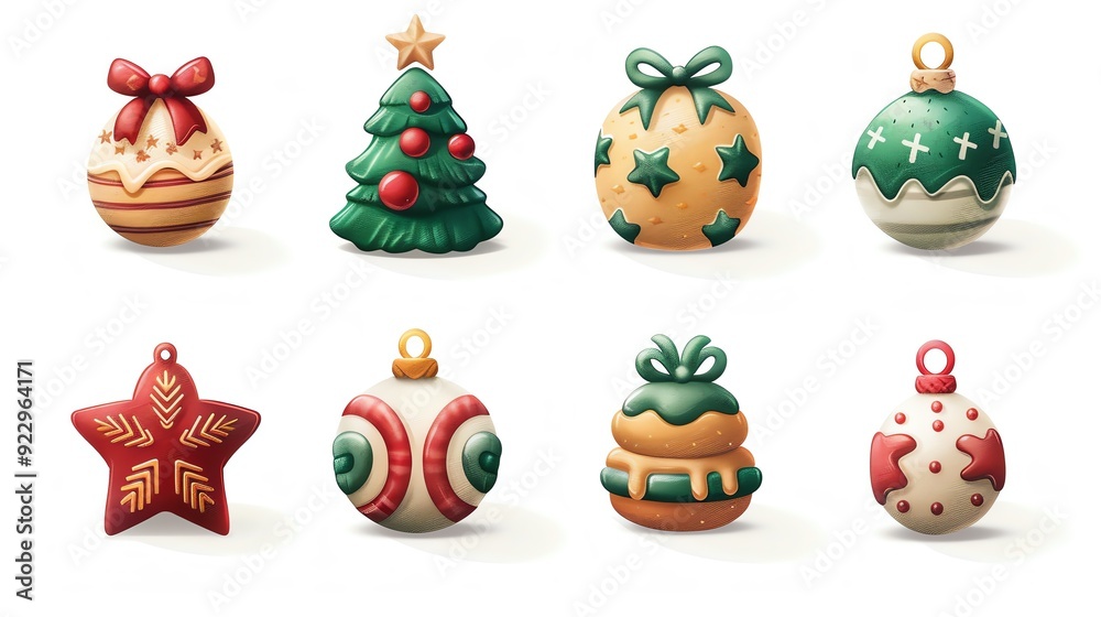 A collection of eight charming Christmas ornaments, including a tree, a star, and various baubles, all rendered in a whimsical, hand-painted style. A collection of eight charming Christmas ornaments, including a tree, a star, and various baubles, all rendered in a whimsical, hand-painted style.