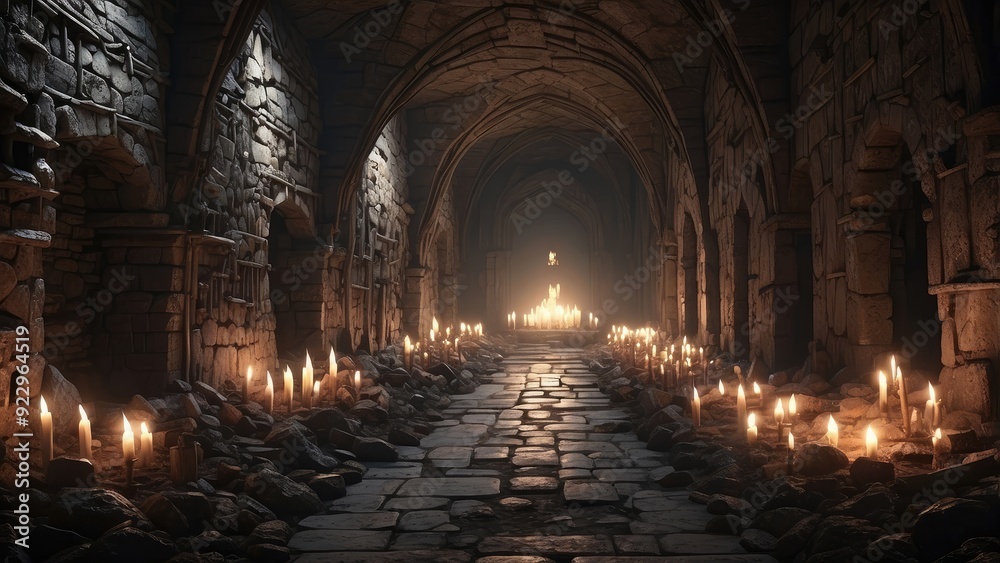 Torch-lit, endless, eerie medieval catacombs. Concept of a mysterious nightmare. rendering in three dimensions. Torch-lit, endless, eerie medieval catacombs. Concept of a mysterious nightmare. rendering in three dimensions.