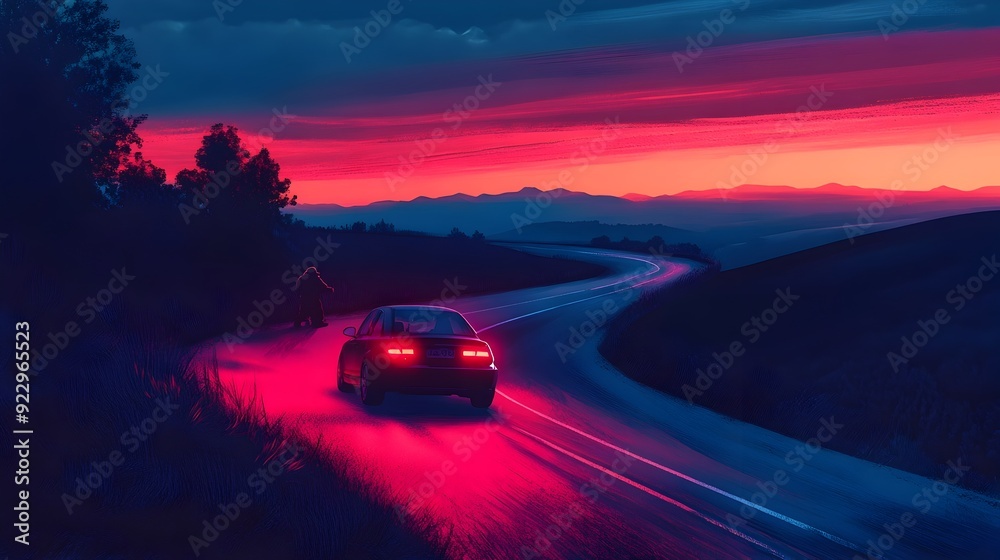 Naklejka premium Car with Flashing Hazards on Winding Mountain Road at Dusk