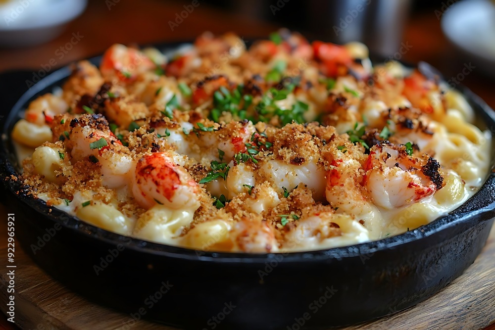 Lobster Mac and Cheese, Close-Up Photo of a Delicious Dish in a Cast Iron Skillet Lobster Mac and Cheese, Close-Up Photo of a Delicious Dish in a Cast Iron Skillet