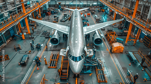 Airplane assembly line in a large factory, various stages of construction visible, workers and machinery in action.