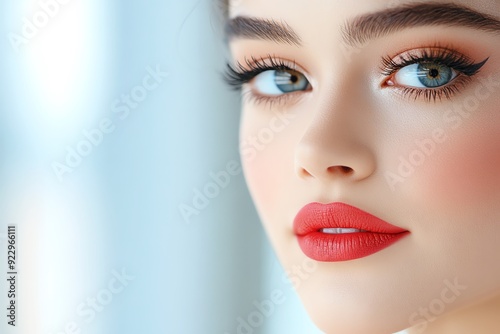 Close-up of an elegant woman with striking blue eyes, flawless makeup, and vibrant red lips, evoking beauty and confidence.