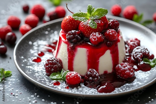 Delicious Panna Cotta with Fresh Berries and Mint - Food Photography