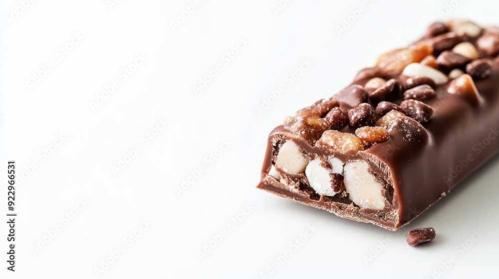 Close-up of a chocolate bar with nuts, caramel, and marshmallows on a white background. Close-up of a chocolate bar with nuts, caramel, and marshmallows on a white background.