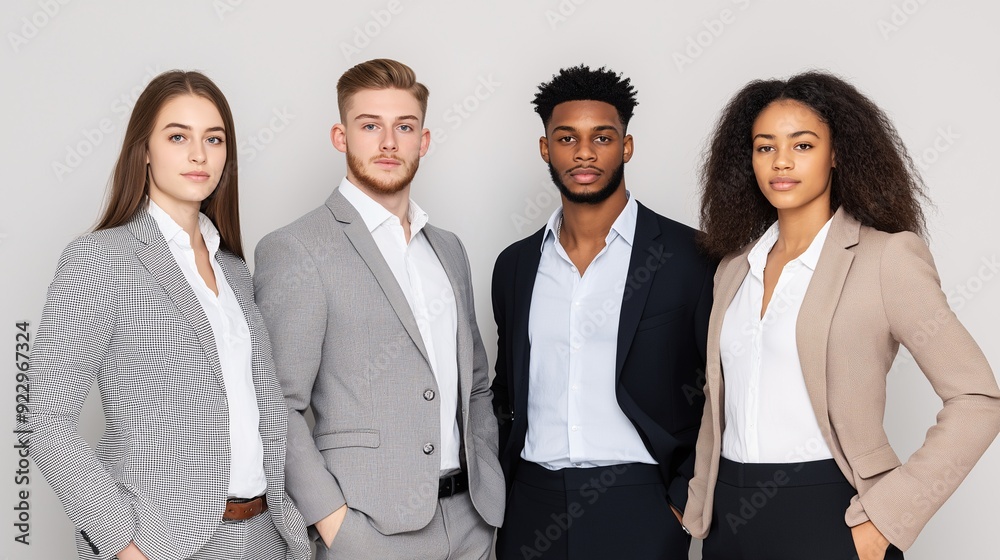 Four professionals in business attire posing confidently on a light background, embodying the concept of teamwork and leadership. Four professionals in business attire posing confidently on a light background, embodying the concept of teamwork and leadership.
