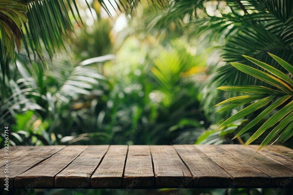 Wooden table podium floor in outdoor tropical garden with blurry green leaf plants nature background with generative ai Wooden table podium floor in outdoor tropical garden with blurry green leaf plants nature background with generative ai