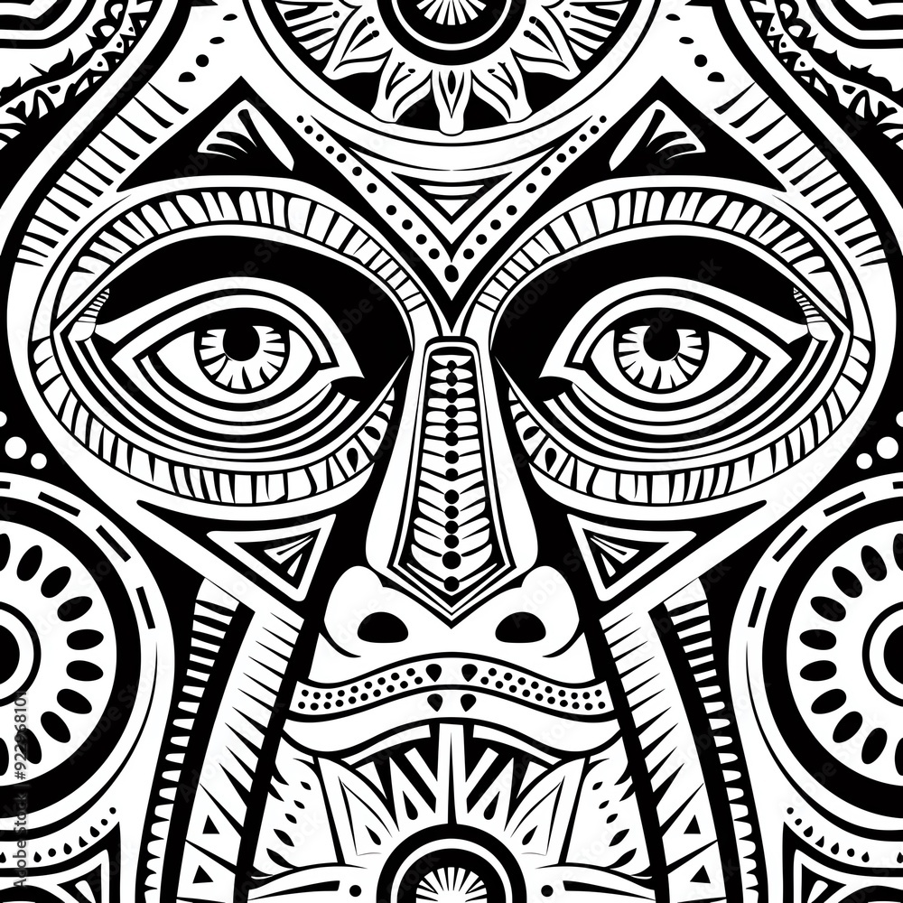 Abstract tribal mask pattern with geometric shapes, eyes, and intricate details. Black and white. Abstract tribal mask pattern with geometric shapes, eyes, and intricate details. Black and white.