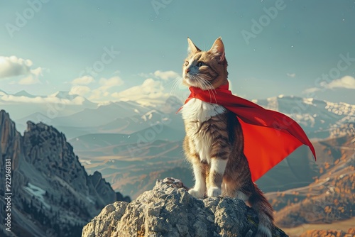 Fototapeta Naklejka Na Ścianę i Meble -  Super cat standing on a mountain peak overlooking a mountain range.