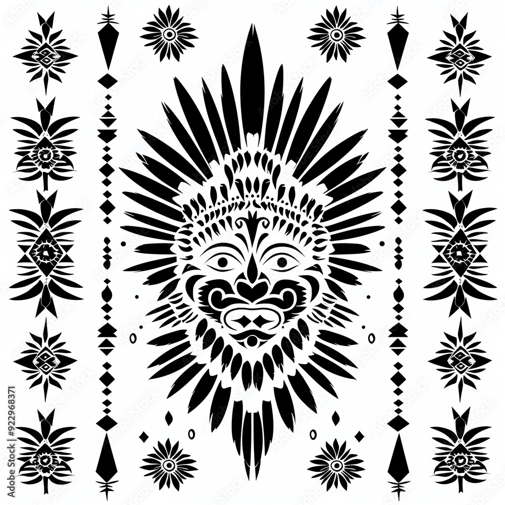 Fototapeta premium Black and white tribal mask with geometric patterns.