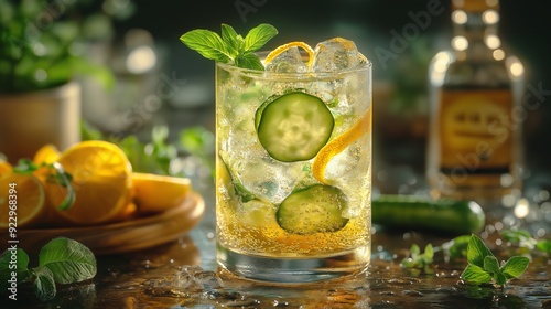 Sparkling Gin and Tonic in Highball Glass with Cucumber Slice and Lemon Peel Twist on Rustic Wooden Table. Tonic Water Bottle and Fresh Herbs, Warm Ambient Lighting Enhancing Classic Sophisticated Moo photo