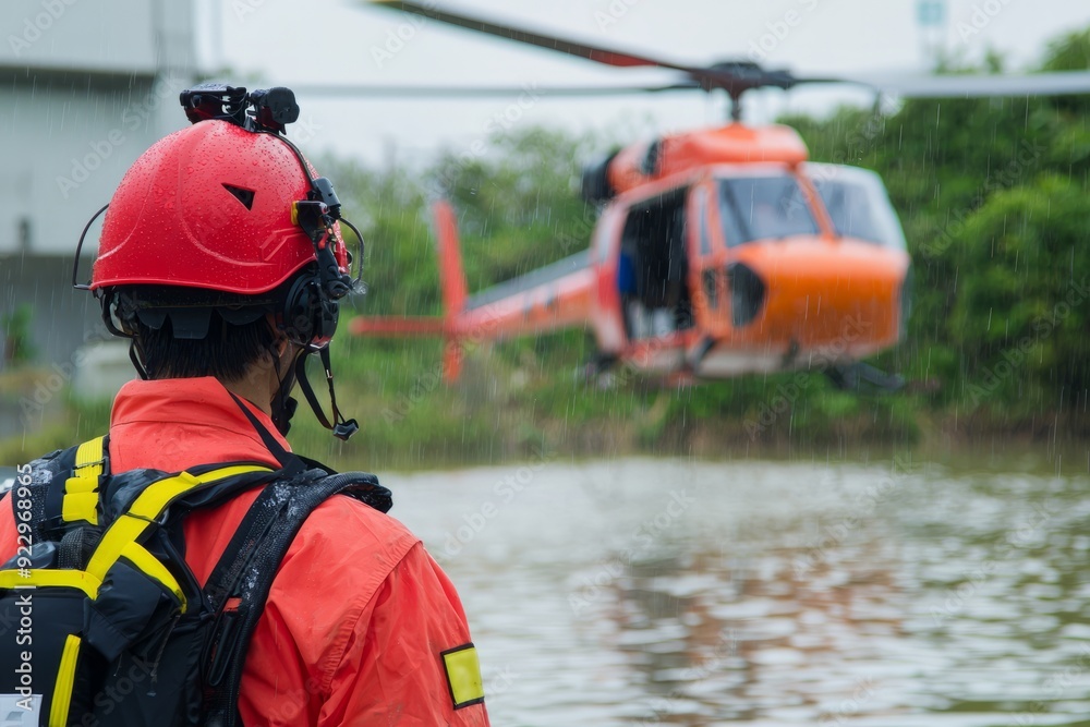 Fototapeta premium A disaster response drill featuring simulated search and rescue operations, Generative AI