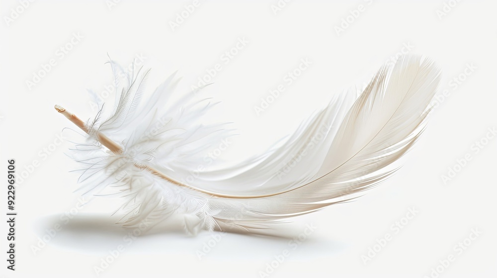 Obraz premium Single white feather isolated on white background.