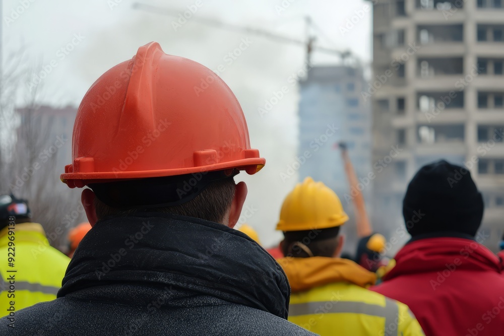 A group of people practicing evacuation procedures during a building fire drill, Generative AI A group of people practicing evacuation procedures during a building fire drill, Generative AI