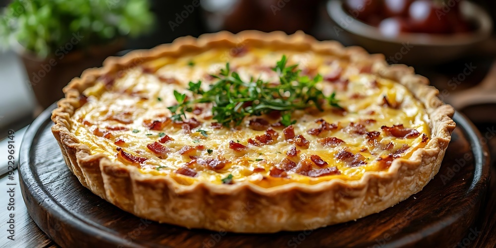 Bacon and Cheese Quiche with Thyme Garnish - Food Photography Bacon and Cheese Quiche with Thyme Garnish - Food Photography