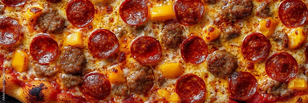 Close Up of Delicious Pepperoni, Sausage, and Pineapple Pizza - Food Photography Close Up of Delicious Pepperoni, Sausage, and Pineapple Pizza - Food Photography