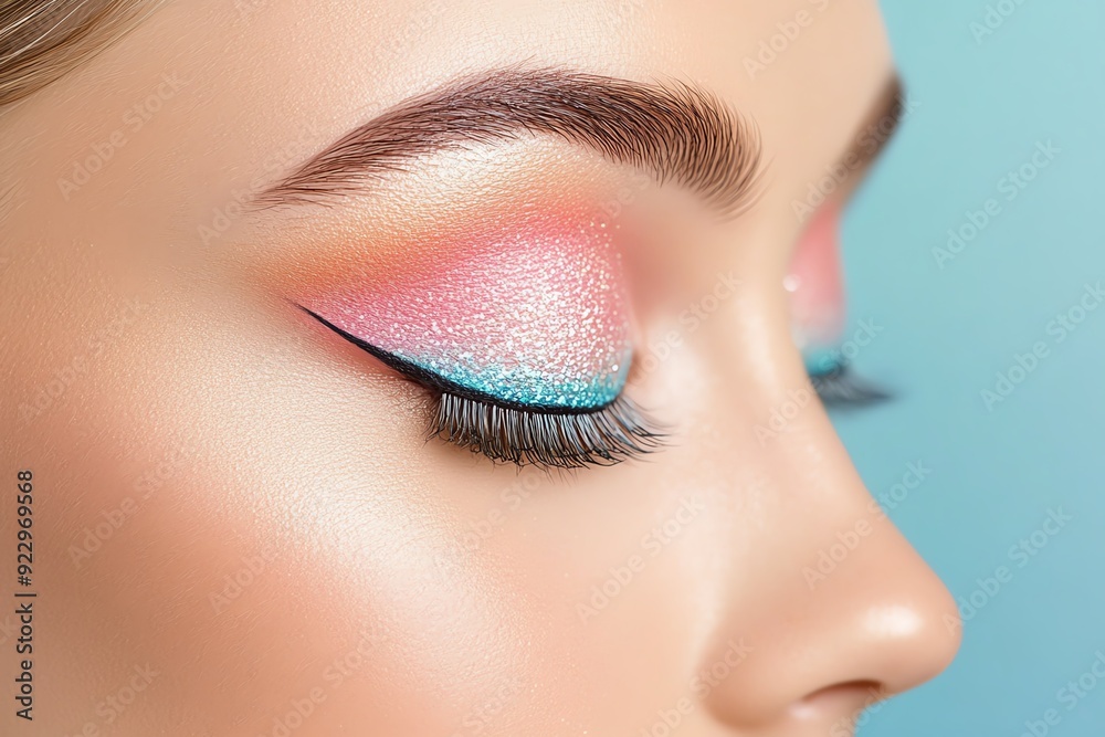 Fototapeta premium Close-up of a beautifully styled eye with vibrant pink and blue makeup, showcasing artistry and elegance in cosmetics design.