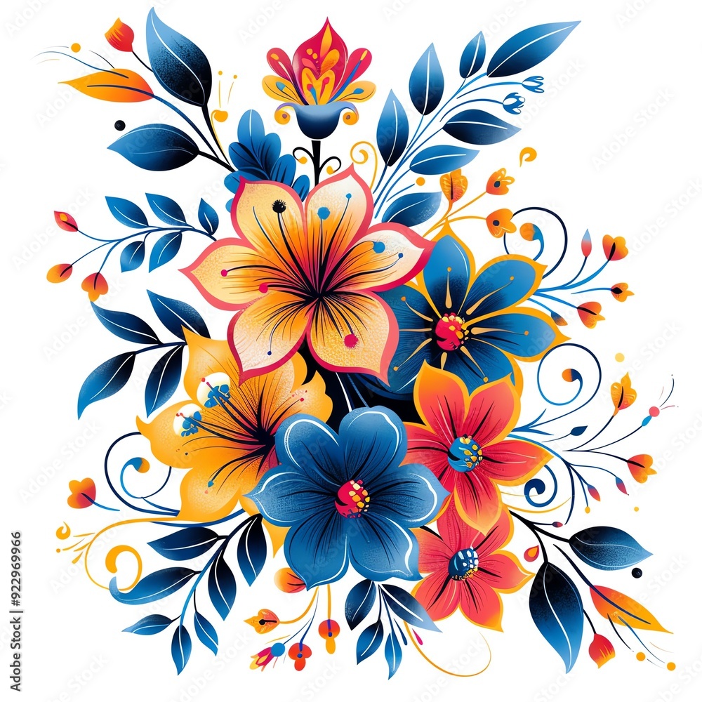 Vibrant bouquet of blue, yellow, and red flowers with intricate details on white background. Vibrant bouquet of blue, yellow, and red flowers with intricate details on white background.