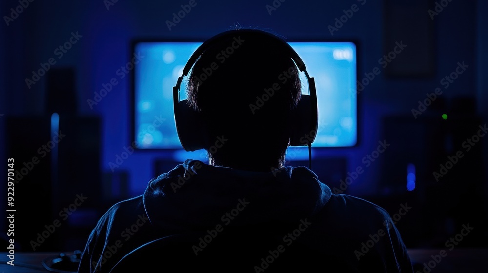 Silhouette of gamer sitting in front of screen Silhouette of gamer sitting in front of screen